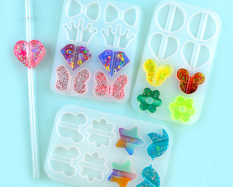 Straws Moulds Straw Topper Resin Mould, Straw Topper Attachment Silicone Casting Molds with Mouse, Crown, Heart, Star, Flower, Butterfly Shape